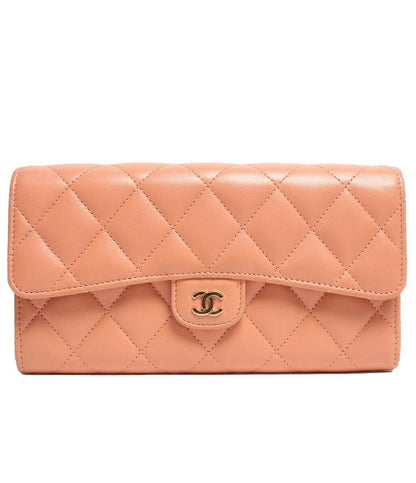 CHANEL 長財布 スムースレザー ココマーク シルバー金具 サーモンピンク系 マトラッセ レディース シャネル