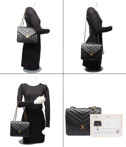 CHANEL チェーンショルダーバッグ シェブロン Vステッチ ゴールド金具 シングルフラップ ダブルチェーン 2番台 レディース シャネル