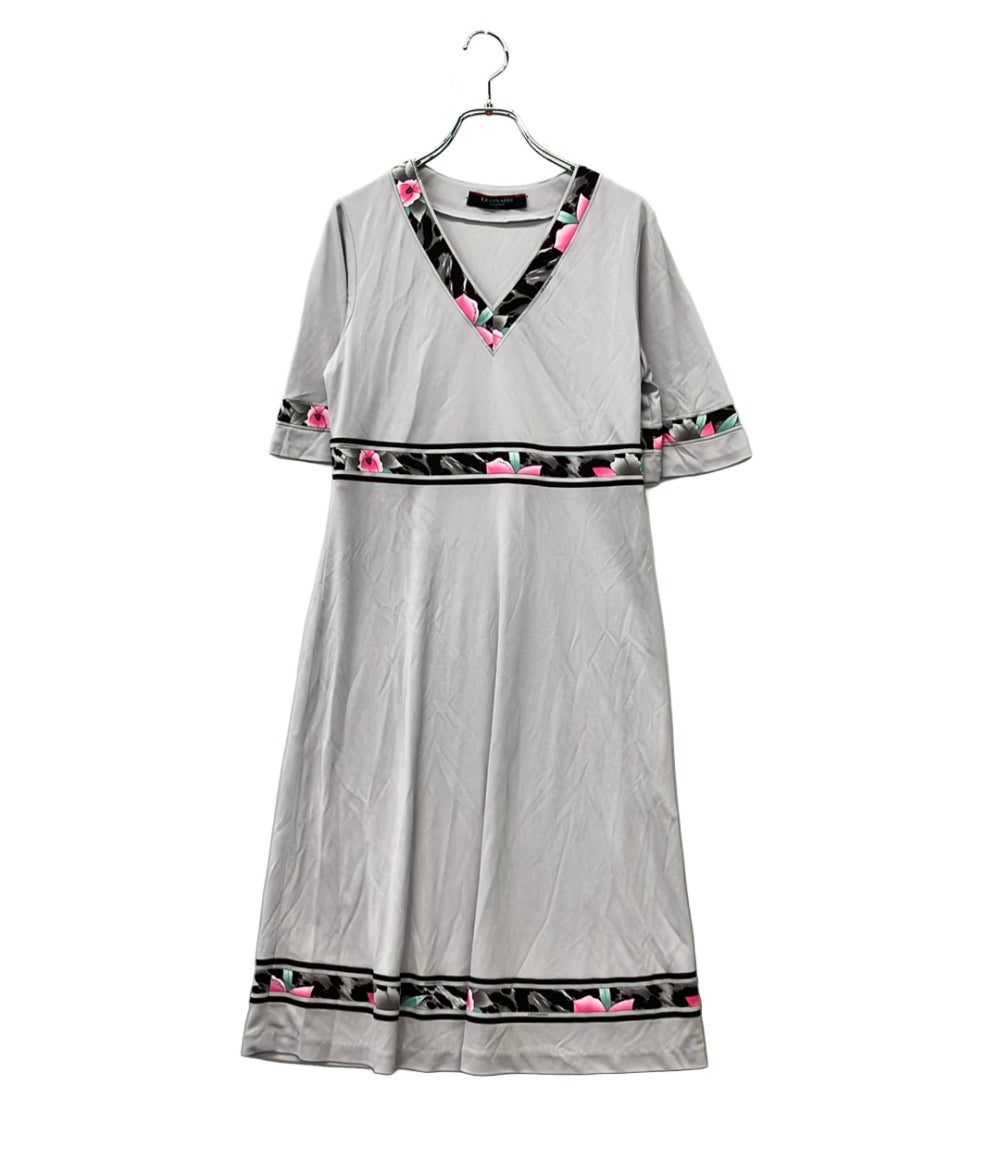 LEONARD 半袖ワンピース 花柄 トリム Vネック 0130553 レディース SIZE M レオナール