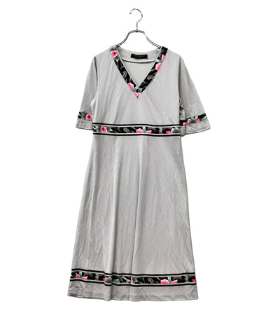 LEONARD 半袖ワンピース 花柄 トリム Vネック 0130553 レディース SIZE M レオナール
