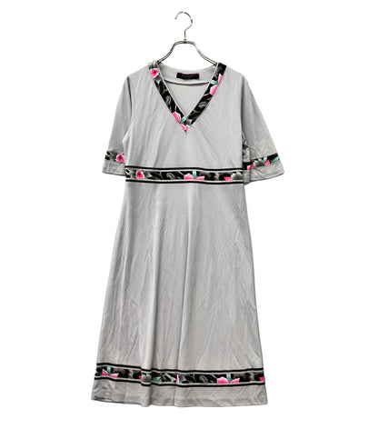 LEONARD 半袖ワンピース 花柄 トリム Vネック 0130553 レディース SIZE M レオナール