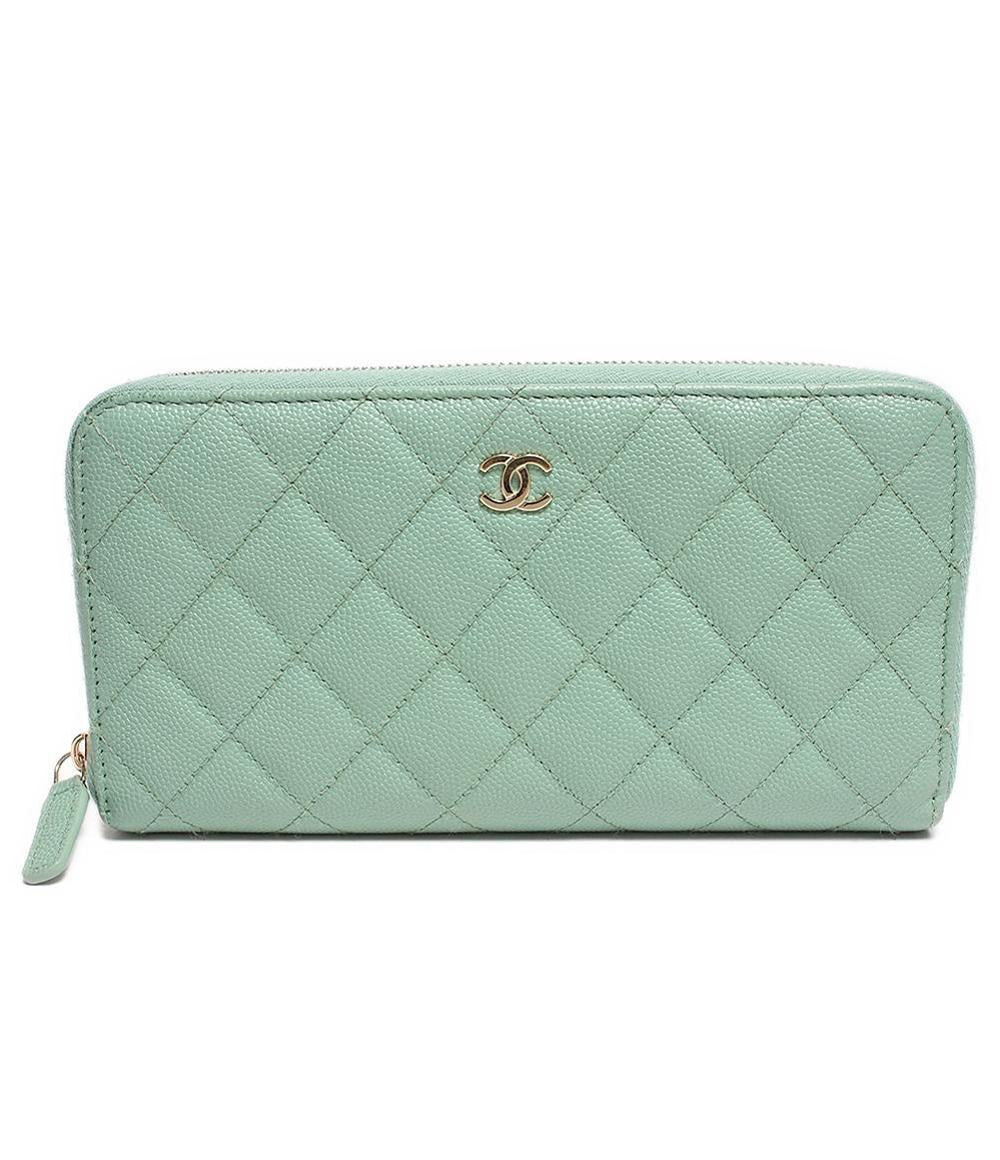 シャネル 長財布 ココマーク ラウンドジップ ライトグリーン系 マトラッセ キャビアスキン AP0242 レディース CHANEL
