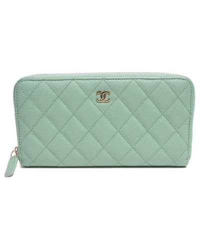 シャネル 長財布 ココマーク ラウンドジップ ライトグリーン系 マトラッセ キャビアスキン AP0242 レディース CHANEL