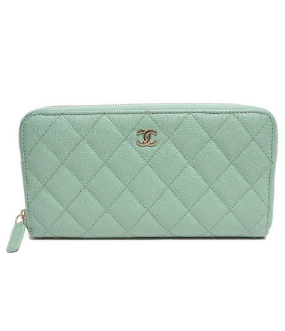 シャネル 長財布 ココマーク ラウンドジップ ライトグリーン系 マトラッセ キャビアスキン AP0242 レディース CHANEL