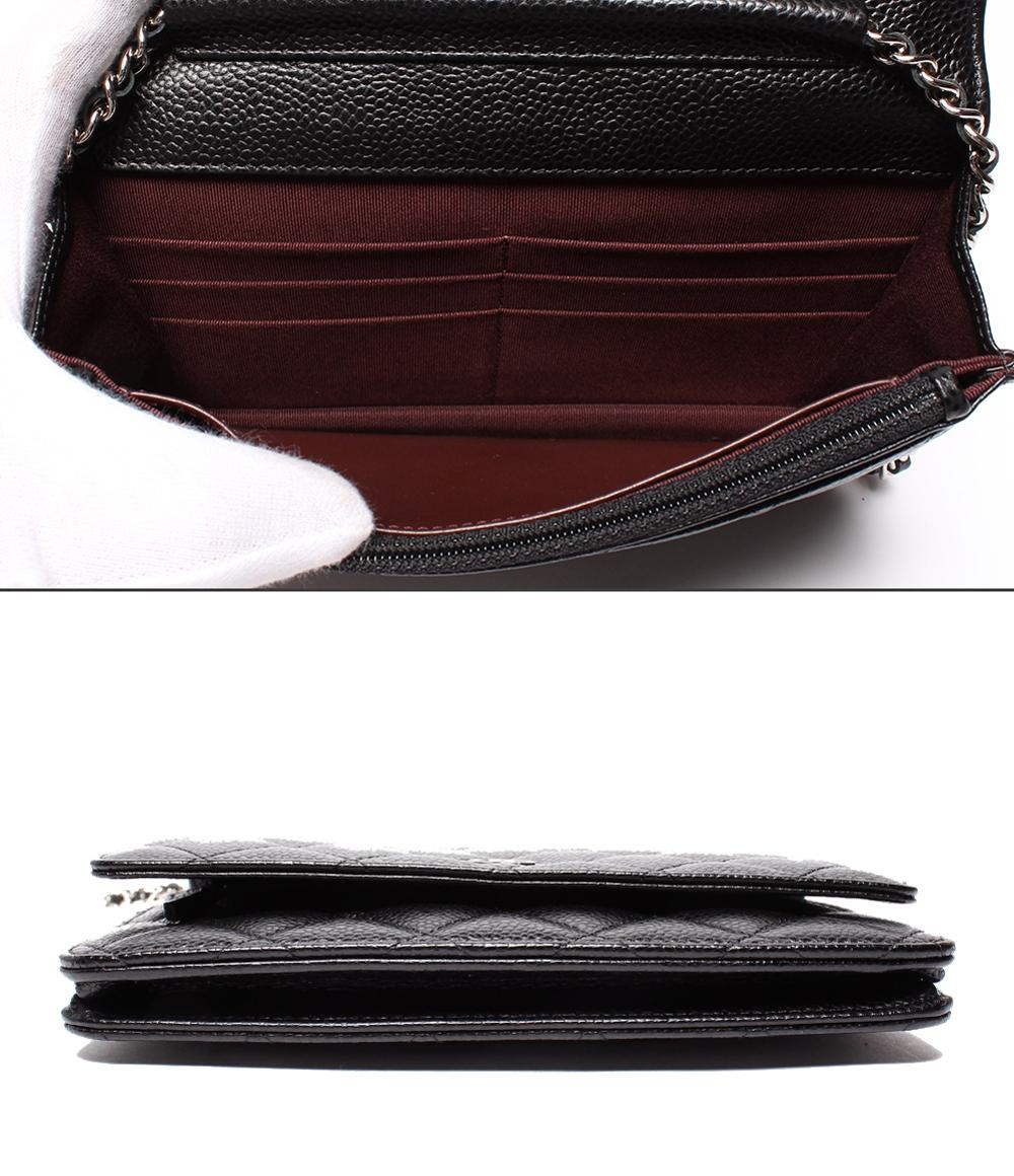 美品 シャネル チェーンショルダーウォレット シルバー金具 キャビアスキン マトラッセ レディース CHANEL