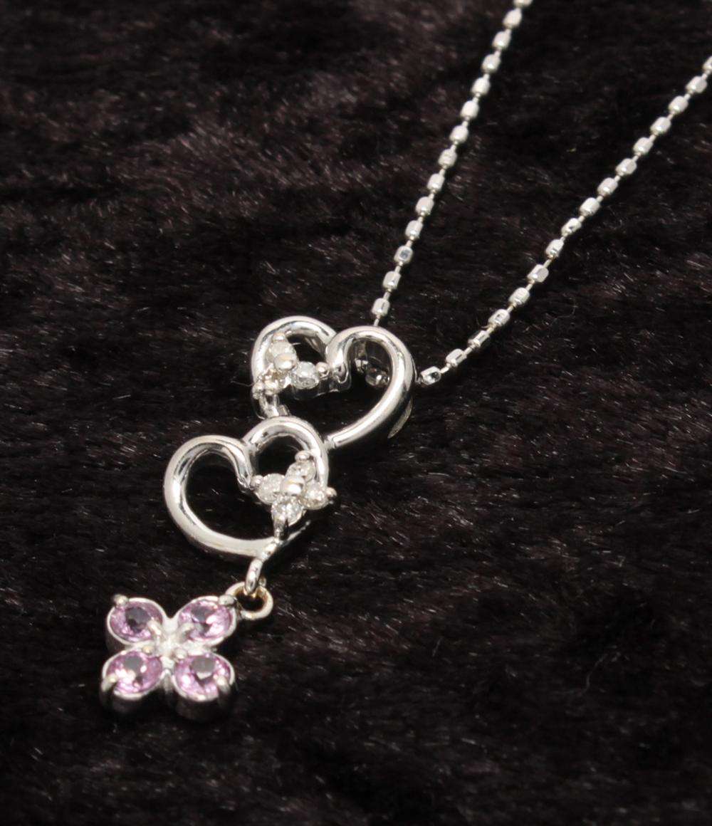 美品 ネックレス K18WG ダイヤ 0.05ct ピンクサファイア ハートモチーフ レディース