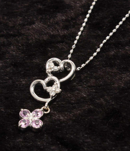 美品 ネックレス K18WG ダイヤ 0.05ct ピンクサファイア ハートモチーフ レディース
