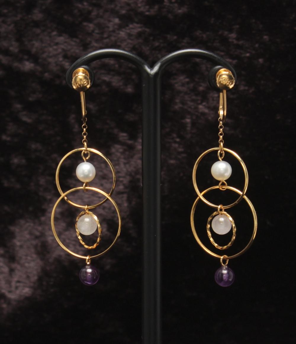 美品 イヤリング K18  K14 パール アメジスト ローズクォーツ レディース