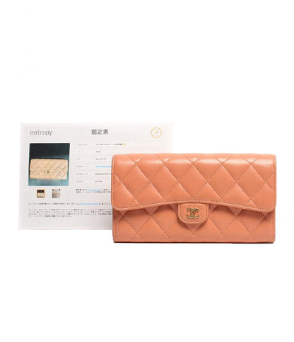 CHANEL 長財布 スムースレザー ココマーク シルバー金具 サーモンピンク系 マトラッセ レディース シャネル