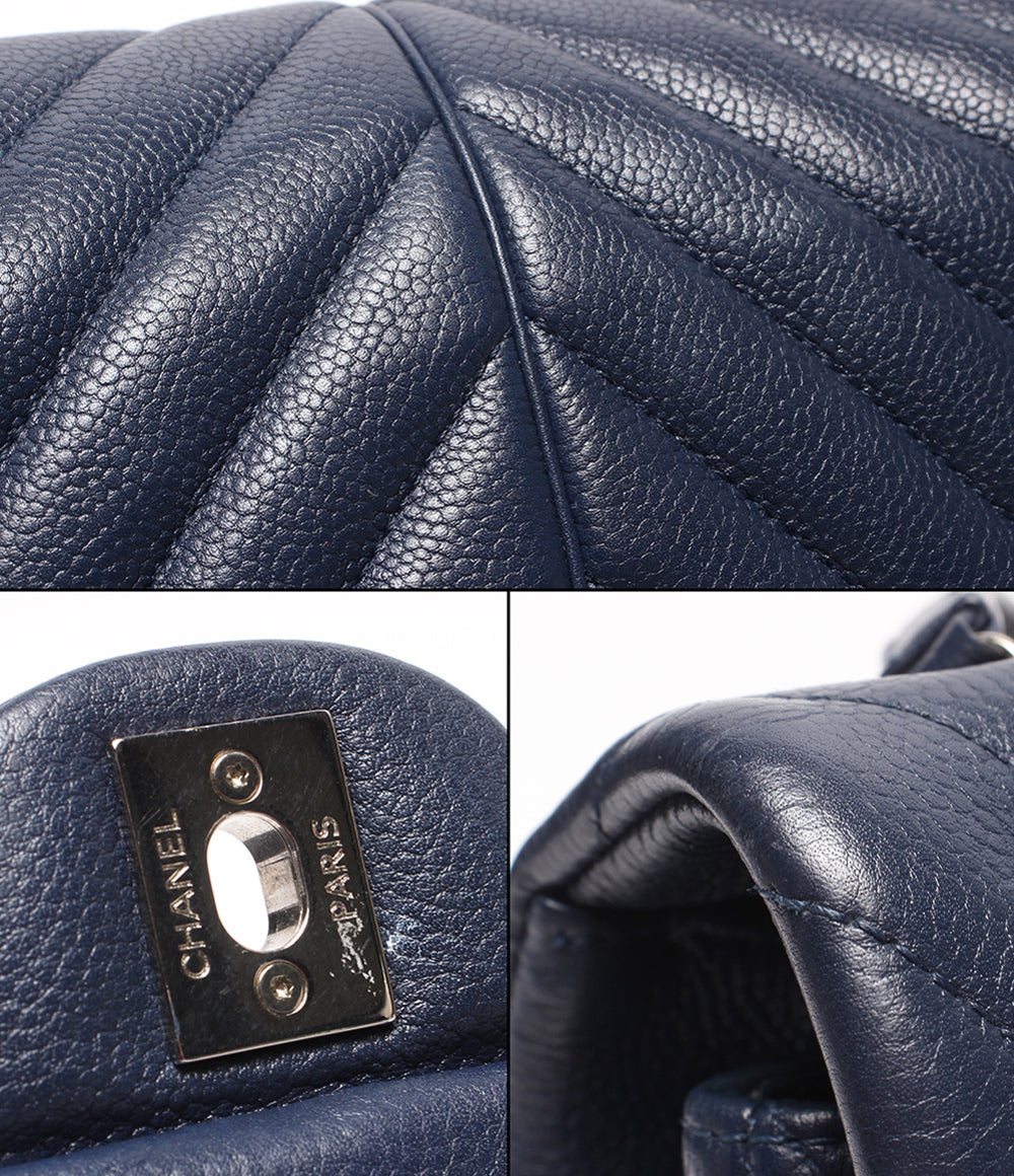 CHANEL チェーンショルダーバッグ 肩掛け シルバー金具 シングルフラップ ダブルチェーン シェブロン Vステッチ キャビアスキン 25番台 レディース