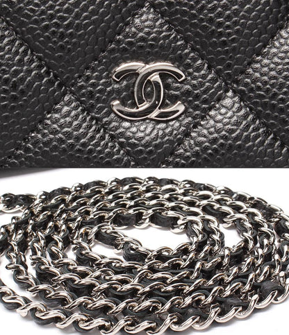 美品 シャネル チェーンショルダーウォレット シルバー金具 キャビアスキン マトラッセ レディース CHANEL