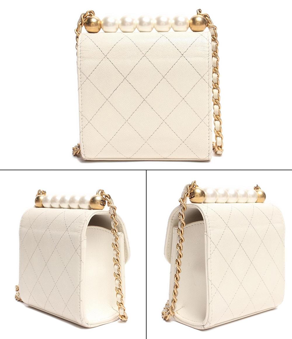 極 美品 シャネル ラムスキン チェーン ショルダーバッグ アイボリー シャネル チェーンレザーショルダーバッグ ココマーク フェイクパール