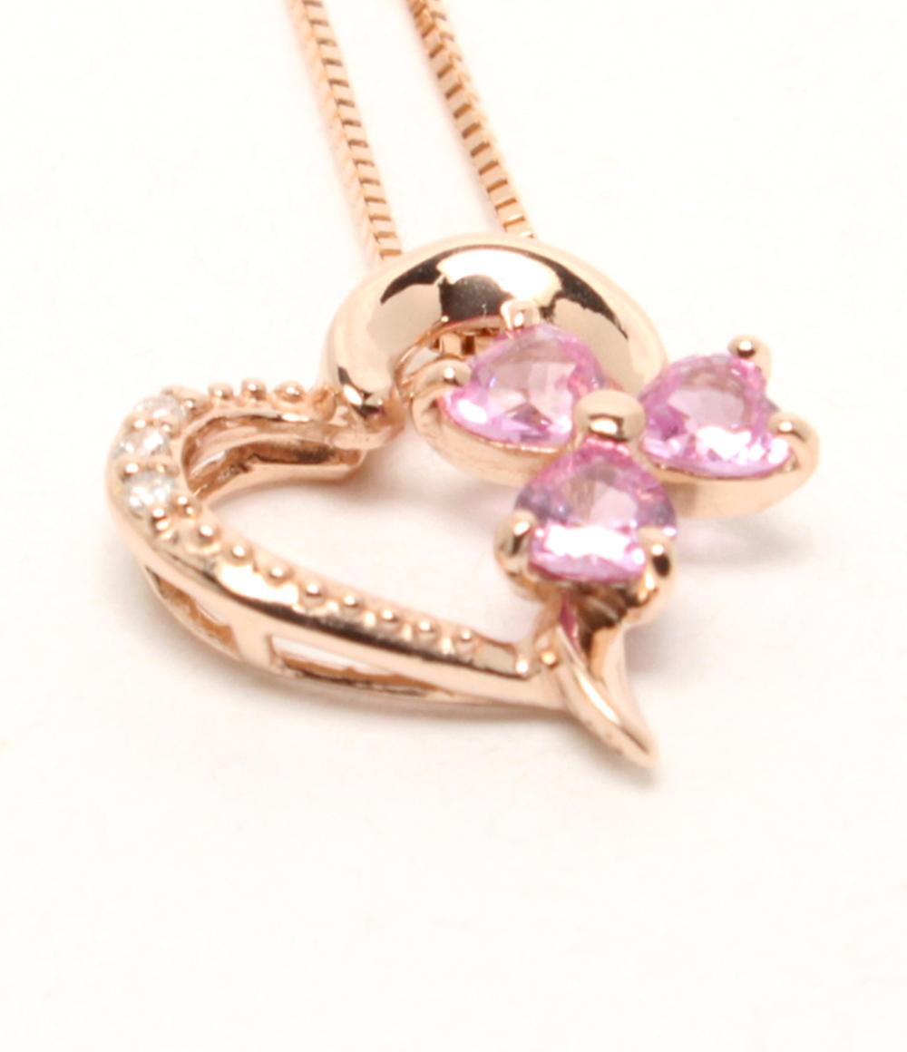 美品 ネックレス K10 ピンクサファイヤ ダイヤ ハートモチーフ フラワーモチーフ レディース