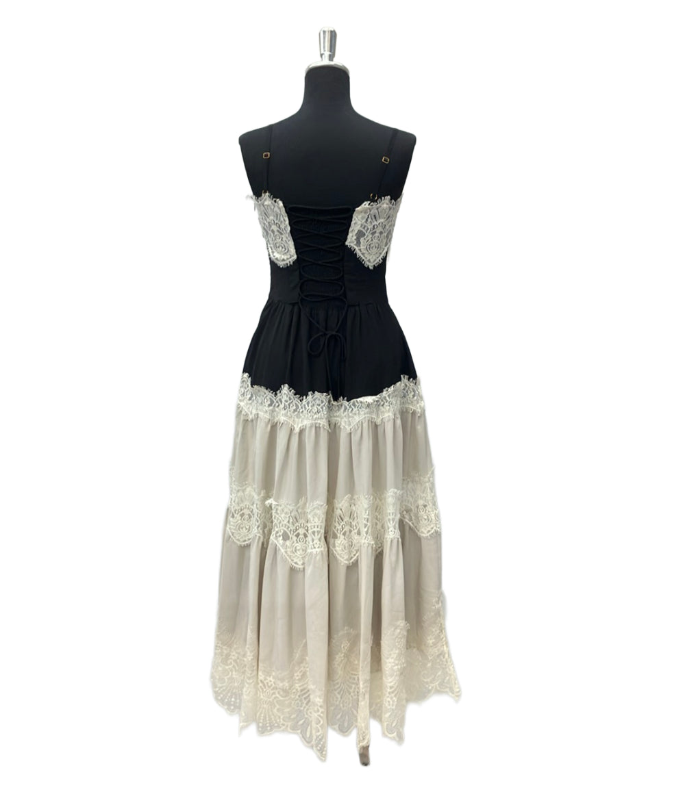 美品 Her lip to ノースリーブワンピース ブラック×ホワイト isa tiered lace cami dress 1253305015 レディース SIZE M ハーリップトゥ