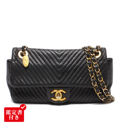 CHANEL チェーンショルダーバッグ 肩掛け 斜め掛け ゴールド金具 Vステッチ ダブルチェーン シングルフラップ 18番台 レディース シャネル