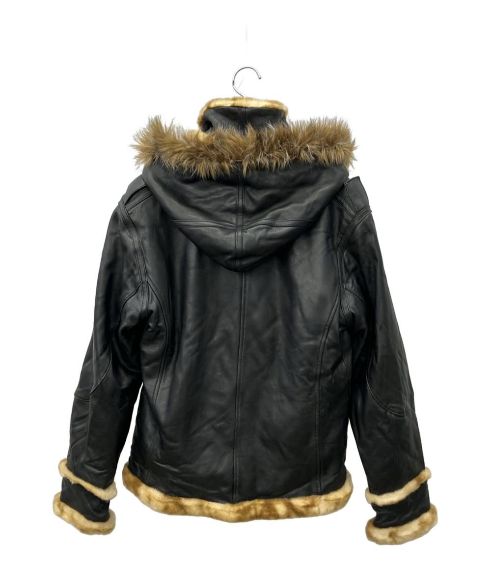 AVIREX ブラック レザーフード付きジャケット 直営店別注》 COMFORTABLE LEATHER HOOD JACKET