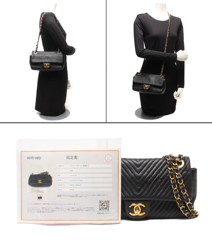 CHANEL チェーンショルダーバッグ 肩掛け 斜め掛け ゴールド金具 Vステッチ ダブルチェーン シングルフラップ 18番台 レディース シャネル