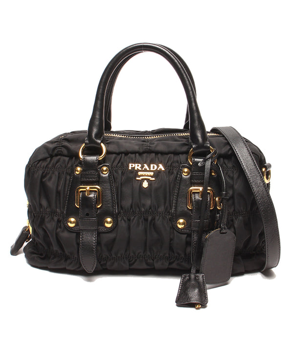 美品 PRADA ナイロン 2WAYハンドバッグ ショルダーバッグ 斜め掛け 肩掛け ギャザー BN1407 レディース プラダ