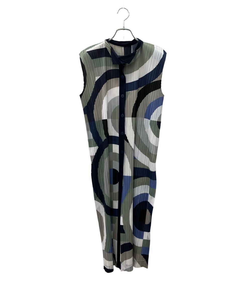 PLEATS PLEASE ノースリーブワンピース 18AW 総柄 幾何学模様 ロング丈 シャツ チュニック プリーツ PP83-JE743 レディース SIZE 3 (L)