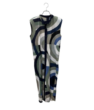 PLEATS PLEASE ノースリーブワンピース 18AW 総柄 幾何学模様 ロング丈 シャツ チュニック プリーツ PP83-JE743 レディース SIZE 3 (L)