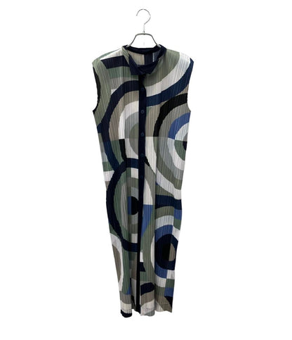 PLEATS PLEASE ノースリーブワンピース 18AW 総柄 幾何学模様 ロング丈 シャツ チュニック プリーツ PP83-JE743 レディース SIZE 3 (L)