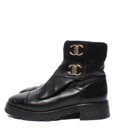 CHANEL ターンロック ココマーク レザー ニット ショートブーツ G45282 レディース SIZE 37 (24.5cm) シャネル