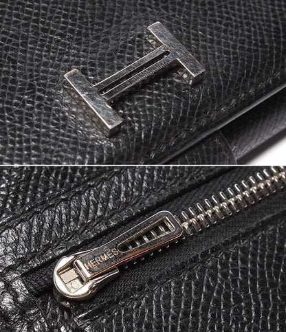 HERMES 三つ折り長財布 シルバー金具 □K刻印 ヴォーエプソン ベアン デュプリ メンズ レディース エルメス