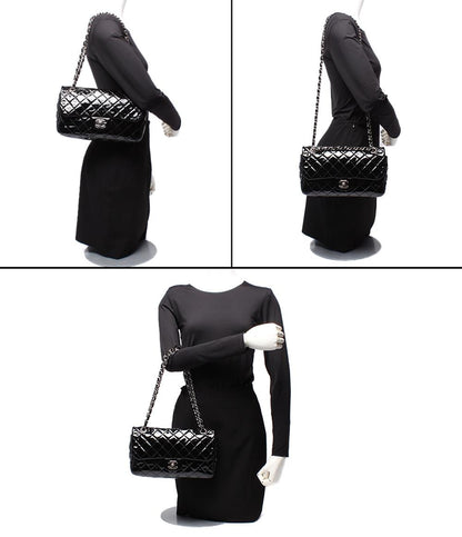 CHANEL チェーンショルダーバッグ ダブルチェーン シングルフラップ シルバー金具 パテントレザー マトラッセ エナメル レディース シャネル