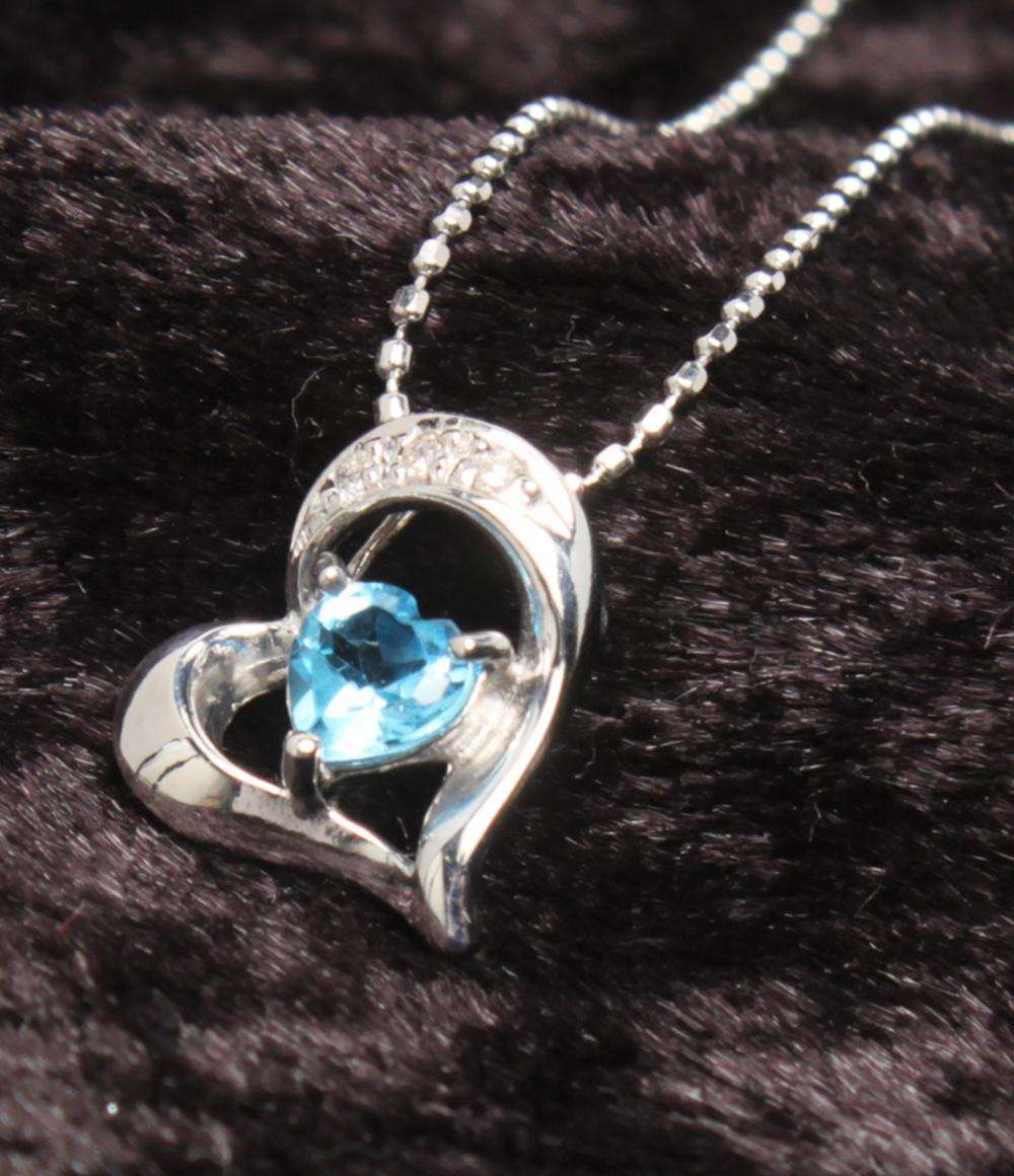 美品 ネックレス K14WG ブルートパーズ ダイヤ0.02ct ピアスK14WG ブルートパーズ 2点セット レディース