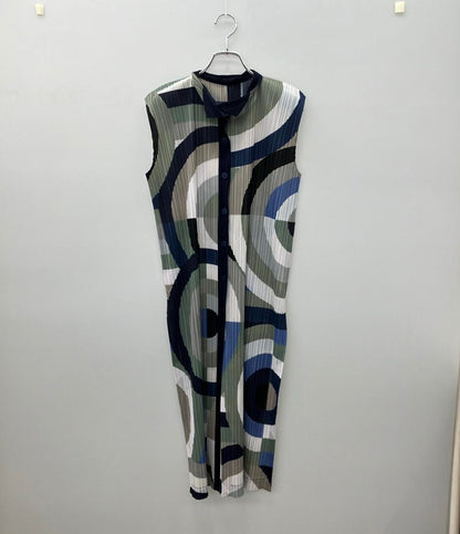 PLEATS PLEASE ノースリーブワンピース 18AW 総柄 幾何学模様 ロング丈 シャツ チュニック プリーツ PP83-JE743 レディース SIZE 3 (L)