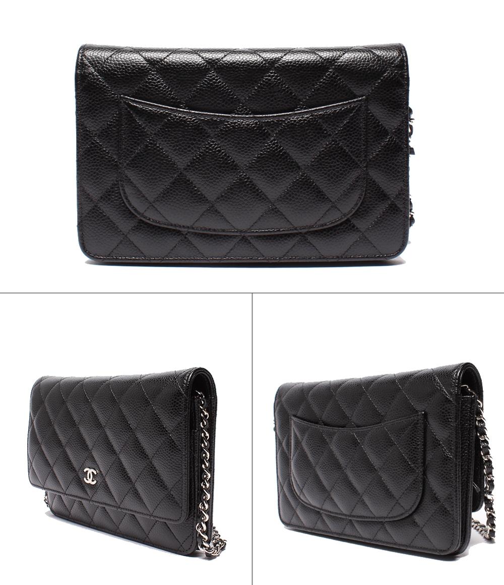 美品 シャネル チェーンショルダーウォレット シルバー金具 キャビアスキン マトラッセ レディース CHANEL