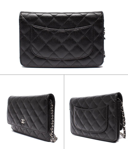 美品 シャネル チェーンショルダーウォレット シルバー金具 キャビアスキン マトラッセ レディース CHANEL