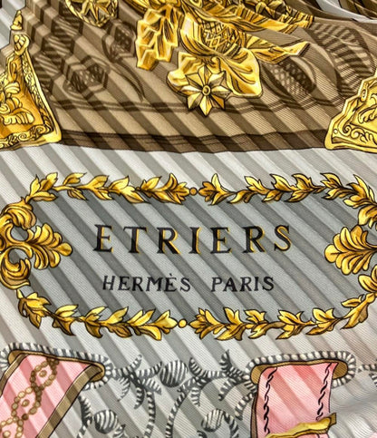 美品 エルメス プリーツスカーフ カレ90 シルク100% 鐙柄 馬具柄 ETRIERS レディース HERMES