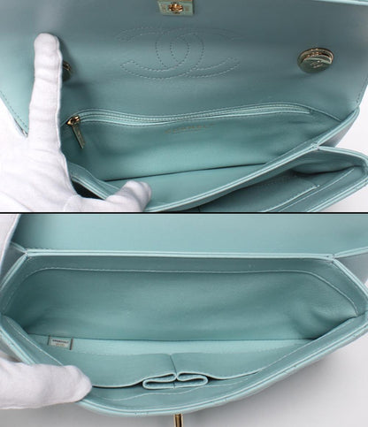 美品 CHANEL チェーンショルダーバッグ 肩掛け マトラッセ ゴールド金具 ラムスキン ライトブルー トレンディCC A92235 レディース シャネル