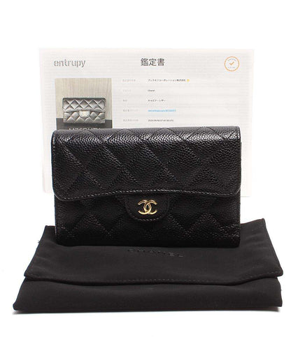 シャネル 三つ折り財布 ココマーク ゴールド金具 クラシック ミディアム フラップ ウォレット マトラッセ キャビアスキン AP0232 CHANEL