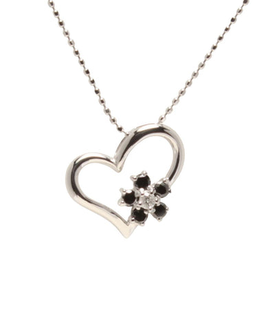 美品 ネックレス K10WG ダイヤ ブラックダイヤ 0.22ct ハートモチーフ フラワーモチーフ レディース