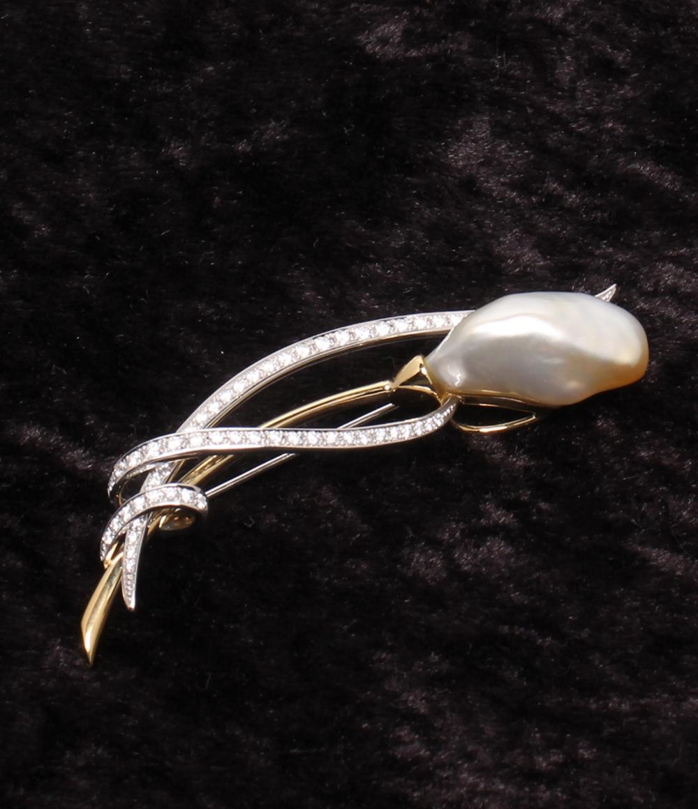 Uyeda Jeweller ブローチ K18 Pt950 バロックパール 約22x12mm ダイヤ レディース ウエダジュエラー