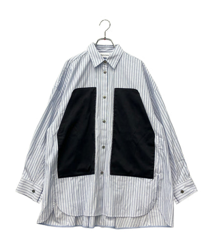 nagonstans 長袖 ストライプ バイカラー ポケット シャツ レディース SIZE M ナゴンスタンス