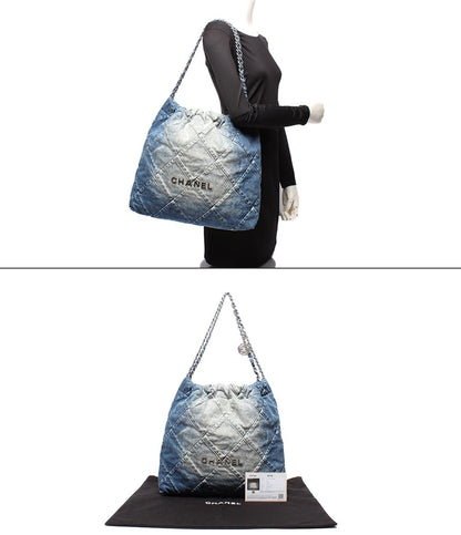 美品 シャネル トートバッグ チェーンショルダーバッグ 肩掛け デニム シルバー金具 マトラッセ CHANEL 22 レディース CHANEL