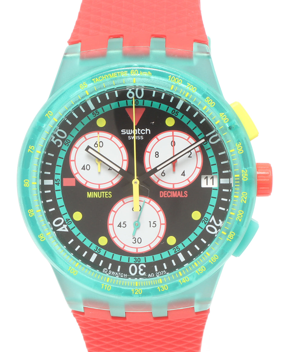 美品 Swatch 腕時計 NEON EMERALD CHRONO ネオンエメラルドクロノ クオーツ レディース メンズ スウォッチ