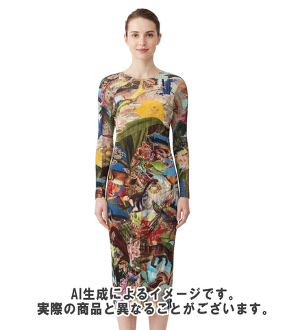 美品 PLEATS PLEASE 長袖 プリーツワンピース AURORA JUNGLE PP33JH725 レディース SIZE 2 (M) プリーツプリーズ