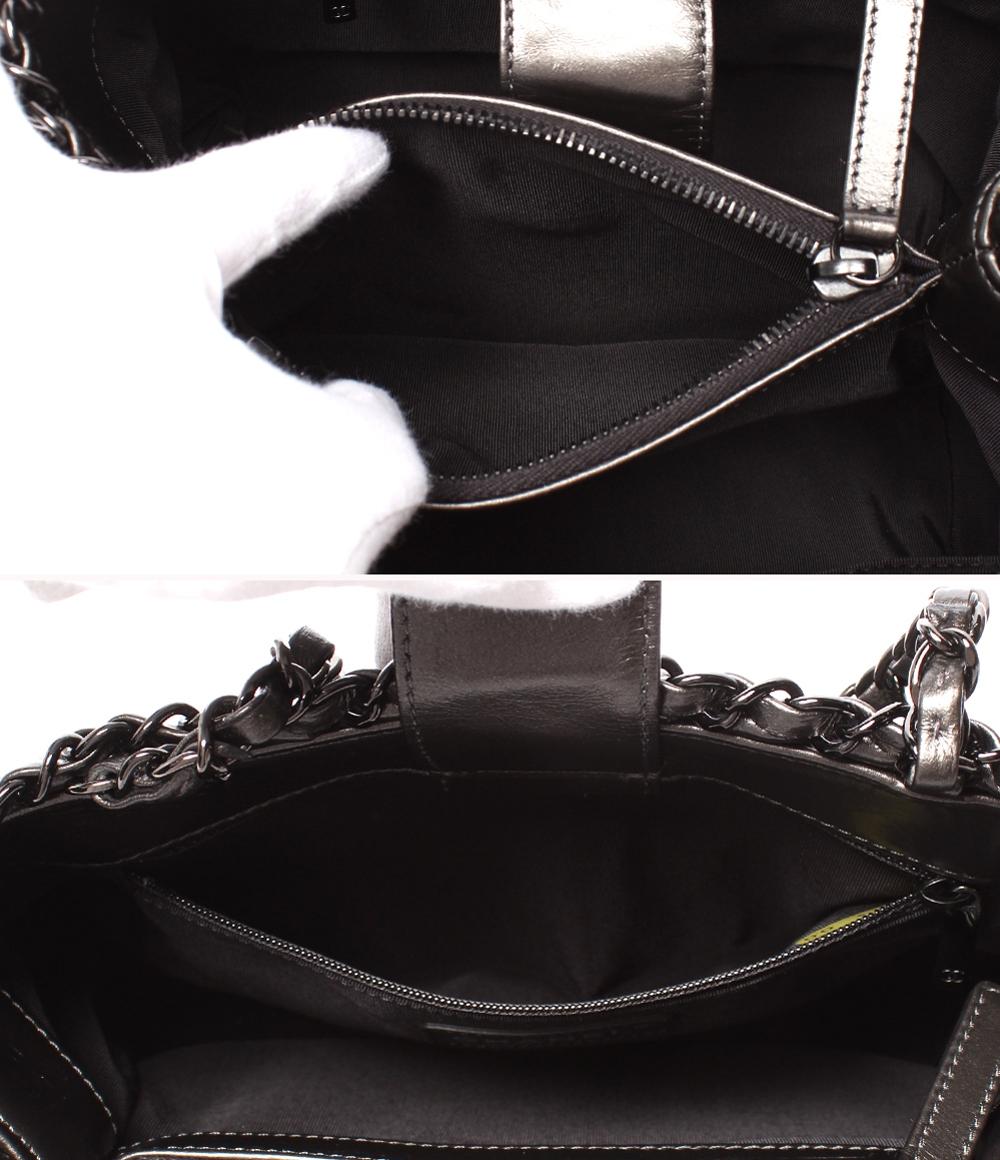 美品 シャネル チェーンショルダーバッグ トートバッグ 肩掛け メタリックグレー カーフスキン ブラック金具 チェーンミートート A50494 レディース