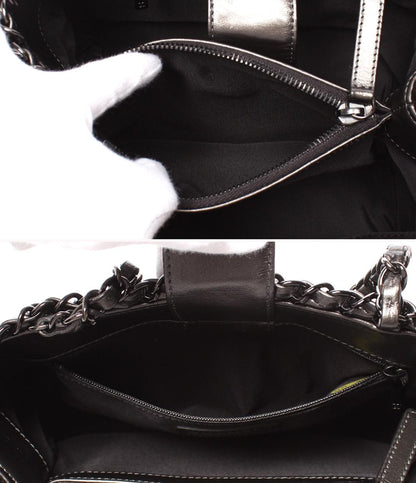 美品 シャネル チェーンショルダーバッグ トートバッグ 肩掛け メタリックグレー カーフスキン ブラック金具 チェーンミートート A50494 レディース