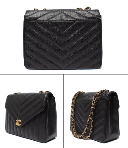 CHANEL チェーンショルダーバッグ シェブロン Vステッチ ゴールド金具 シングルフラップ ダブルチェーン 2番台 レディース シャネル