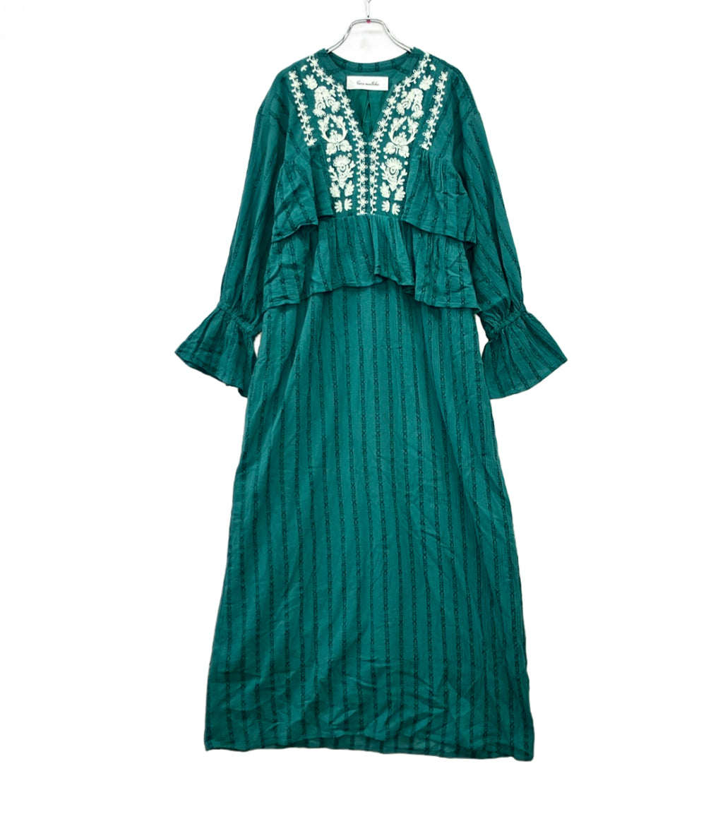 Sara Mallika コットン ジャガード コード エンブロイダリー ドレス フラワー刺繍 長袖ワンピース 020452SC2 レディース SIZE M サラマリカ