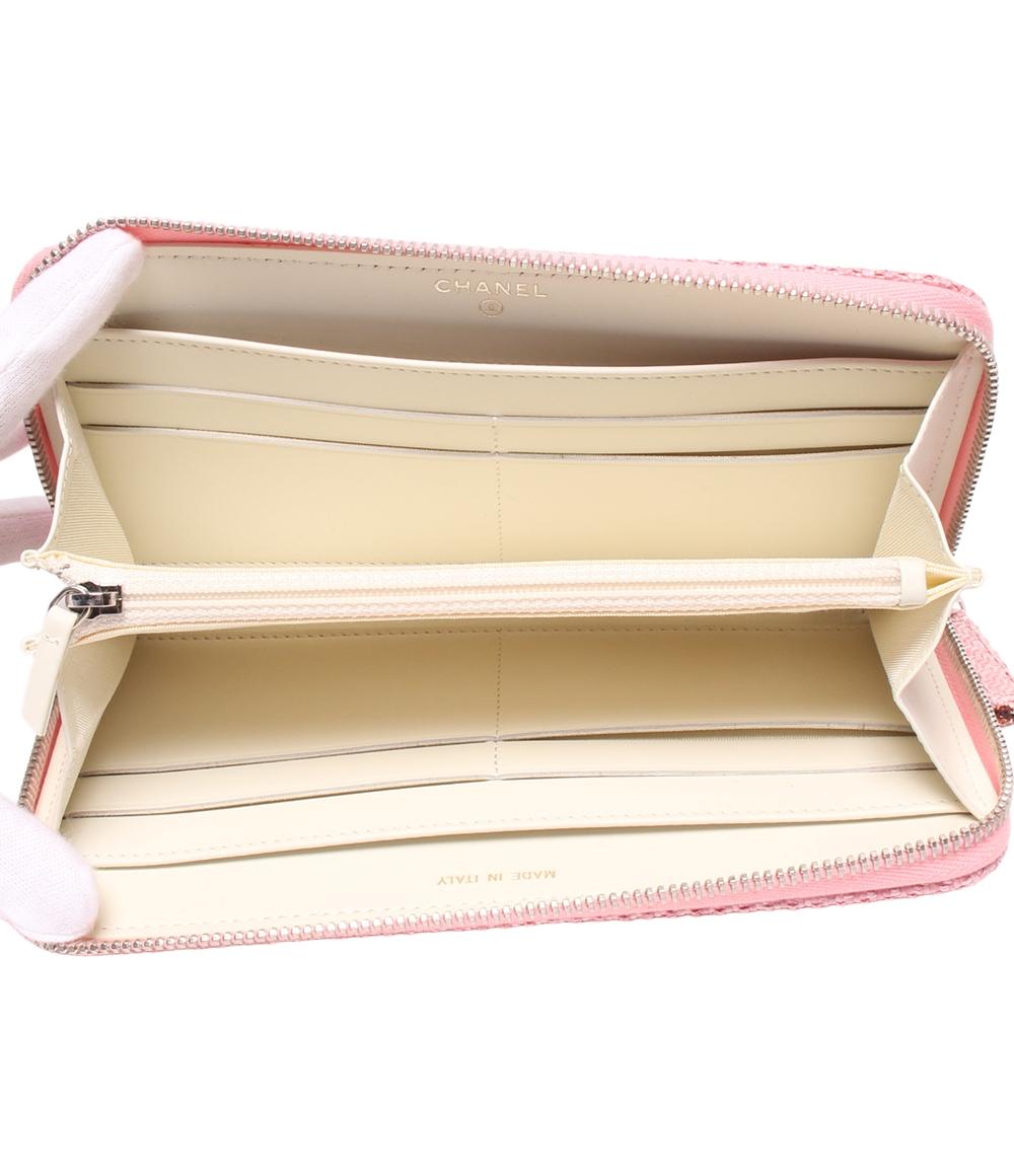 美品 シャネル ラウンドファスナー長財布 ストローキャンバスレザー A80056 レディース CHANEL