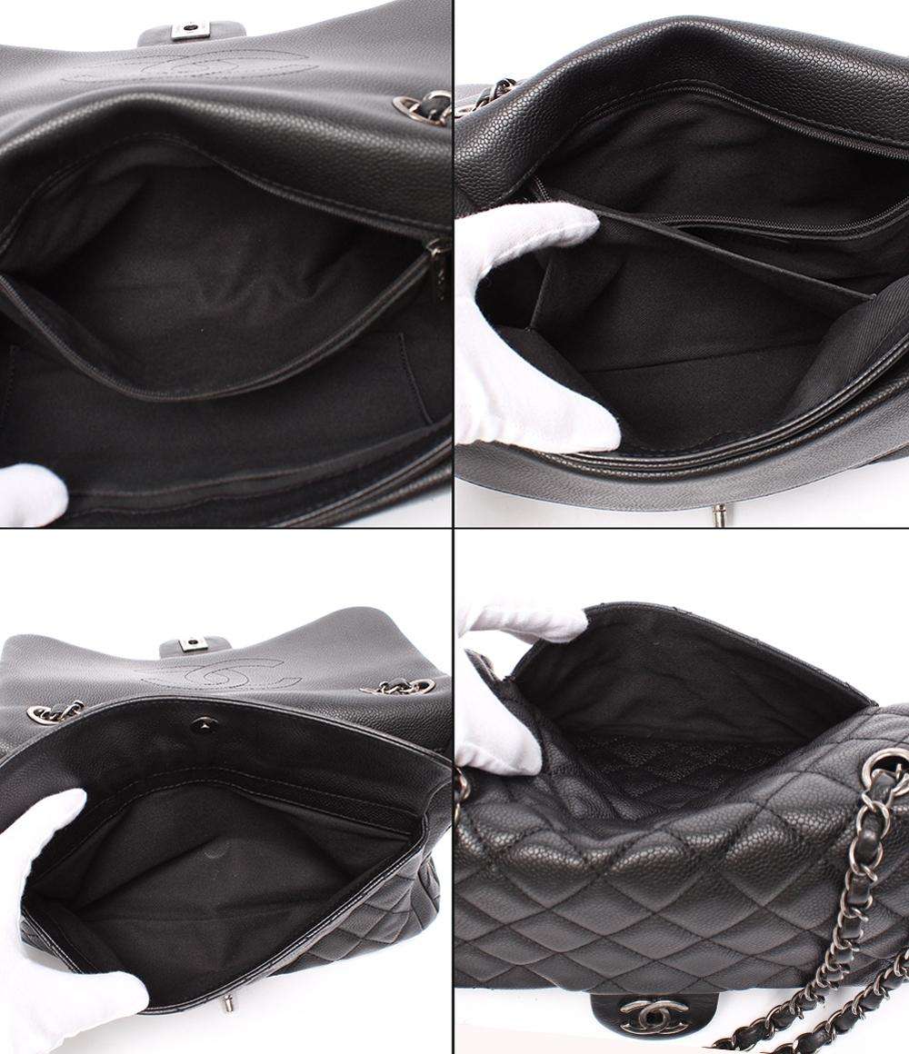 CHANEL チェーンショルダーバッグ キャビアスキン シルバー金具 18番台 ダブルチェーン シングルフラップ デカマトラッセ30 レディース シャネル