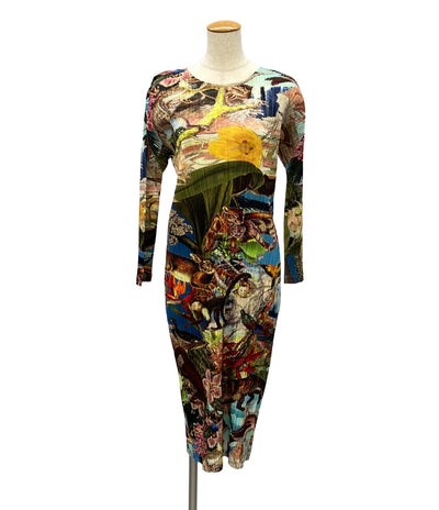 美品 PLEATS PLEASE 長袖 プリーツワンピース AURORA JUNGLE PP33JH725 レディース SIZE 2 (M) プリーツプリーズ