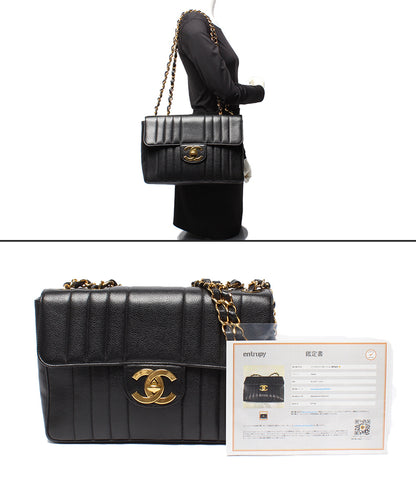 CHANEL チェーンショルダーバッグ マドモアゼル クラシック ゴールド金具 ダブルチェーン シングルフラップ 2番台 キャビアスキン レディース