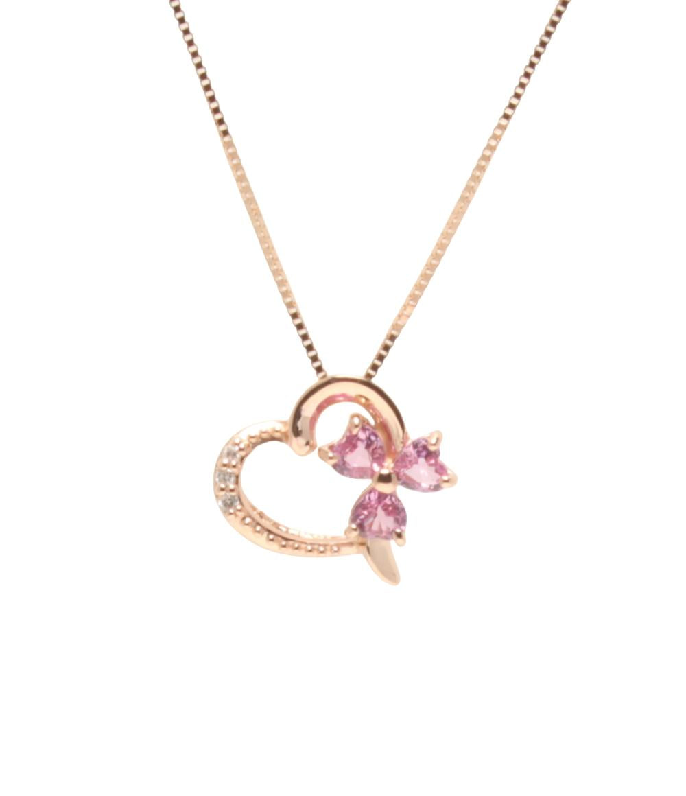 美品 ネックレス K10 ピンクサファイヤ ダイヤ ハートモチーフ フラワーモチーフ レディース